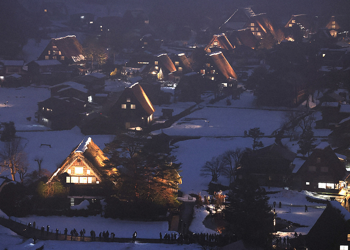Gassho Zukuri Village, a World Heritage Site, lit up fantastically. Gassho Zukuri Village, a World Cultural Heritage site, lit up fantastically in Shirakawa Village, Gifu Prefecture, Japan, January 15, 2023  photo by Koji Hyodo 