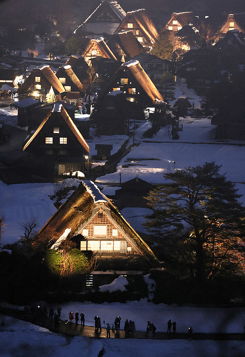Gassho Zukuri Village, a World Heritage Site, lit up fantastically. Gassho Zukuri Village, a World Cultural Heritage site, lit up fantastically in Shirakawa Village, Gifu Prefecture, Japan, January 15, 2023  photo by Koji Hyodo 