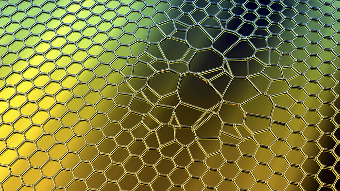 Graphene disorders, conceptual illustration Graphene disorders, conceptual computer illustration. Graphene is an allotrope of carbon arranged in a single layer honeycomb lattice atomic nanostructure. Disorders are abnormalities in the graphene s structure., by KATERYNA KON SCIENCE PHOTO LIBRARY