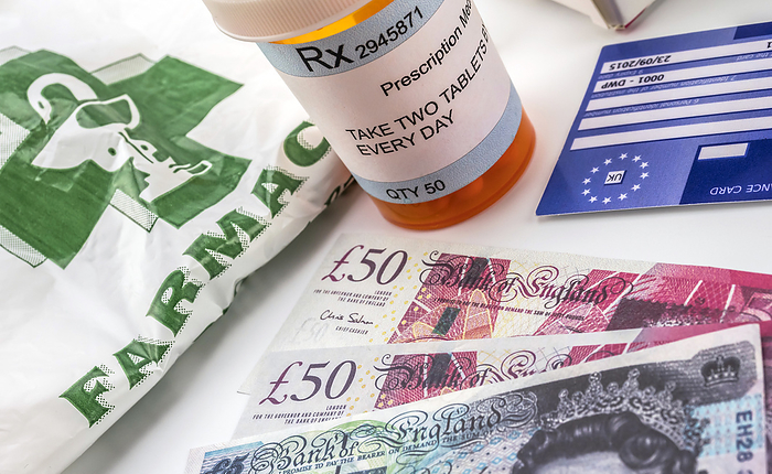 European health insurance card next to medication European health insurance card and cash next to medication., by DIGICOMPHOTO SCIENCE PHOTO LIBRARY