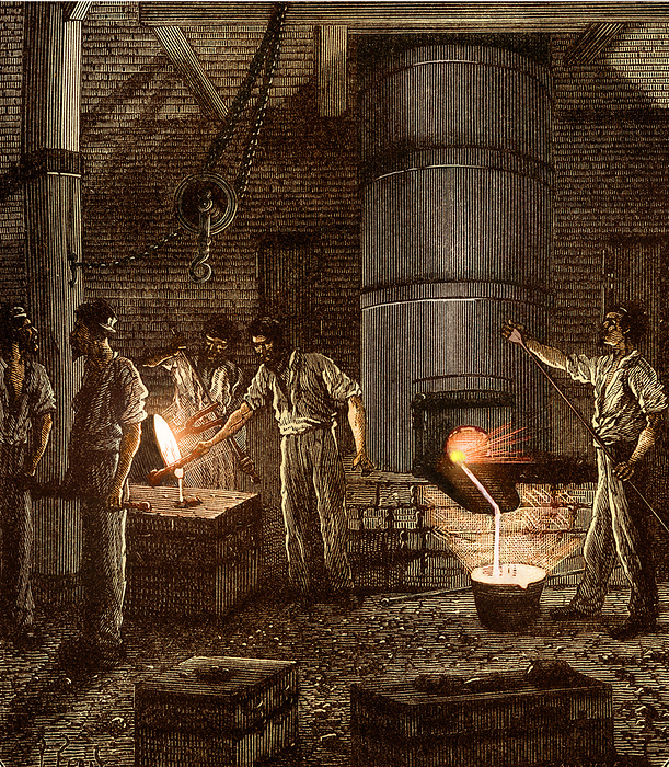 Cupola Furnace Filling of a crucible of red hot molten metal from the tapping hole of the metal spout of a Cupola furnace whilst the molten cast iron metal of another crucible is being poured into a mould to form a casting. During the 18th and 19th centuries, cupola furnaces were widely used for the melting of iron The cupola is a vertical cylindrical furnace of sheet metal lined with refractory fireclay bricks. It is employed for melting scrap metal or pig iron etc. for the forging of various cast irons. Towards the top of the furnace is the charging platform where the alternate constituents are loaded into the furnace body to be melted. There were no precautions for safety then, no face shields or safety goggles. Hazards such as flying particles or heavy metal fumes and carbon monoxide had to be avoided., by SHEILA TERRY SCIENCE PHOTO LIBRARY