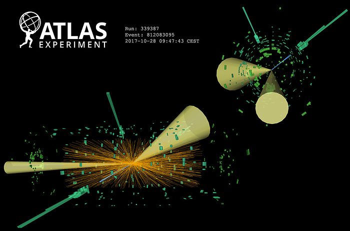 Higgs boson research, ATLAS detector Graphic of a candidate Higgs boson decay event detected at CERN  the European particle physics laboratory  in October 2017. This event, thought to be a Higgs boson decaying to a dilepton pair and a photon, was recorded with the ATLAS  A Toroidal LHC Apparatus  detector. In the Standard Model, the Higgs boson is used to explain why particles have mass. CERN announced the Higgs boson discovery on 4 July 2012., by ATLAS Collaboration CERN SCIENCE PHOTO LIBRARY