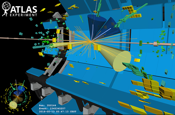 Higgs boson research, ATLAS detector Graphic of a candidate Higgs boson decay event detected at CERN  the European particle physics laboratory  in May 2018. This event, thought to be a Higgs boson decaying to two tau leptons  blue cones , was recorded with the ATLAS  A Toroidal LHC Apparatus  detector. In the Standard Model, the Higgs boson is used to explain why particles have mass. CERN announced the Higgs boson discovery on 4 July 2012., by ATLAS Collaboration CERN SCIENCE PHOTO LIBRARY