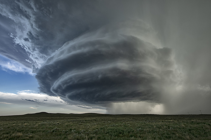 Supercell thunderstorm, Montana, USA Supercell thunderstorm over higher terrain of central Montana, USA. A supercell thunderstorm is a severe long lived storm within which the wind speed and direction changes with height. This produces a strong rotating updraft of warm air, known as a mesocyclone, and a separate downdraft of cold air. Tornadoes may form in the mesocyclone, in which case the storm is classified as a tornadic supercell thunderstorm. The storms also produce torrential rain and hail. Photographed on 9th June 2021., by ROGER HILL SCIENCE PHOTO LIBRARY