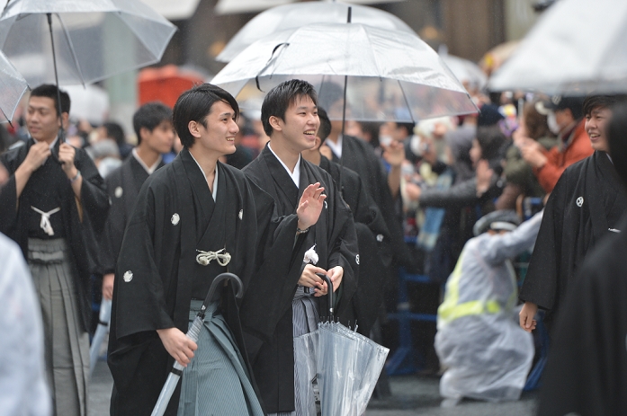 Kabuki actors, Mar 27, 2013 : Tokyo, Japan - Kabuki actors during a parade in the rain through the main street of Tokyo's Ginza shopping district on Wednesday, March 27, 2013, in celebration of the grand opening of new Kabuki theater. After three years of renovation, the majestic theater for Japan's centuries-old performing arts of Kabuki will open its doors to the public with a three-month series of most sought-after plays.