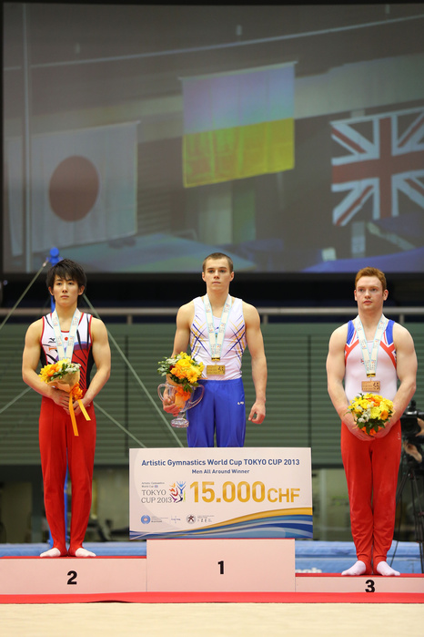 Gymnastics World Cup Tokyo Kato Finishes 2nd, Just Misses the Leader  L to R  Ryohei Kato  JPN , Oleg Verniaiev  UKR , Daniel Purvis  GBR  April 7, 2013   Artistic Gymnastics :. FIG Artistic Gymnastics World Cup, Tokyo Cup 2013 Men s Individual All round Medal Ceremony at Komazawa Gymnasium, Tokyo, Japan.   Photo by AFLO SPORT   1045 .