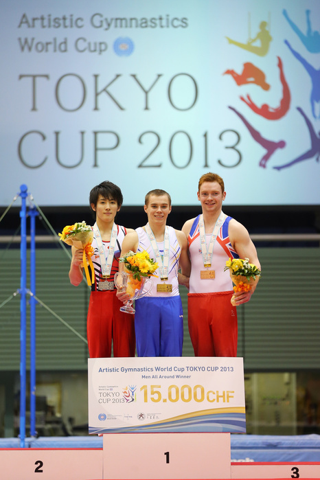 Gymnastics World Cup Tokyo Kato Finishes 2nd, Just Misses the Leader  L to R  Ryohei Kato  JPN , Oleg Verniaiev  UKR , Daniel Purvis  GBR  April 7, 2013   Artistic Gymnastics :. FIG Artistic Gymnastics World Cup, Tokyo Cup 2013 Men s Individual All round Medal Ceremony at Komazawa Gymnasium, Tokyo, Japan.   Photo by AFLO SPORT   1045 .