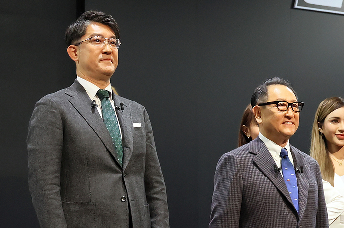 Toyota Motor s new president Koji Sato January 13, 2023, Chiba, Japan   This picture taken on January 13, 2023 shows Japanese automobile giant Toyota Motor s chief branding officer Koji Sato  L  and president Akio Toyoda  R . Toyota said on January 26, 2023 that Sato is appointed to the new president of Toyota, effective on April 1, while current president Akio Toyoda will become chairman of the board.   Photo by Yoshio Tsunoda AFLO 