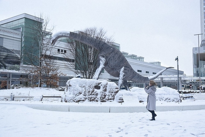 Intense Cold Wave in the Japanese Archipelago A snow covered object of funky titan in front of JR Fukui Station in Fukui City, Japan, covered with snow due to the cold wave, 1:16 p.m., January 25, 2023  photo by Sho Ohara .