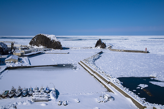 Utoro fishing port filled with drift ice