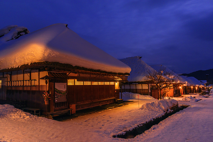 Fukushima Prefecture Ouchi-juku at dusk Snowy landscape