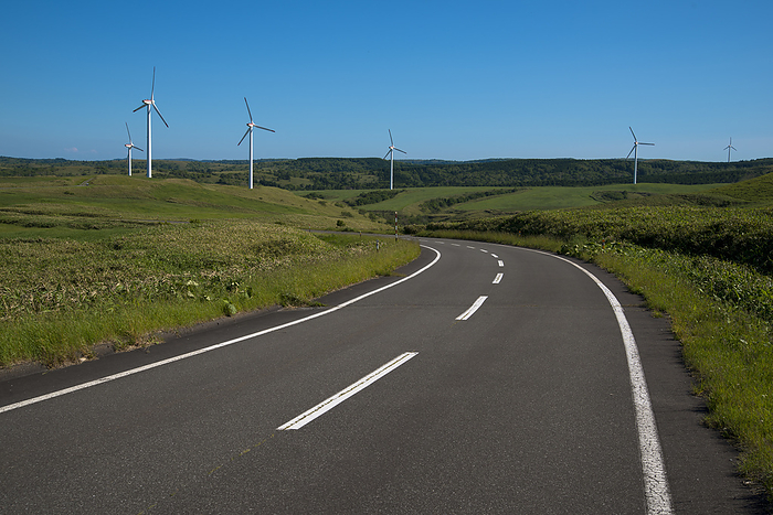 Wakkanai City, Hokkaido Road going through Soya Hills and wind power generation facilities