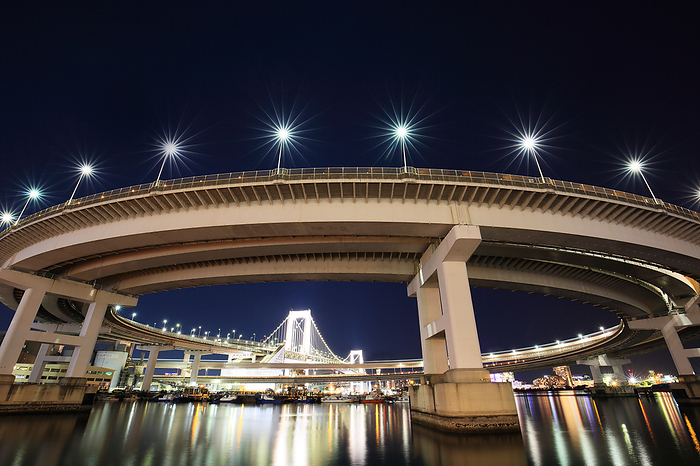 Shibaura-futo Loop Bridge and Rainbow Bridge at night Tokyo