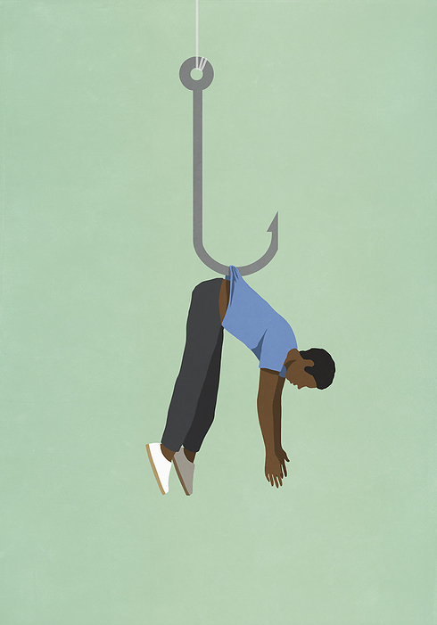 Man dangling from fishing hook, by Malte Mueller