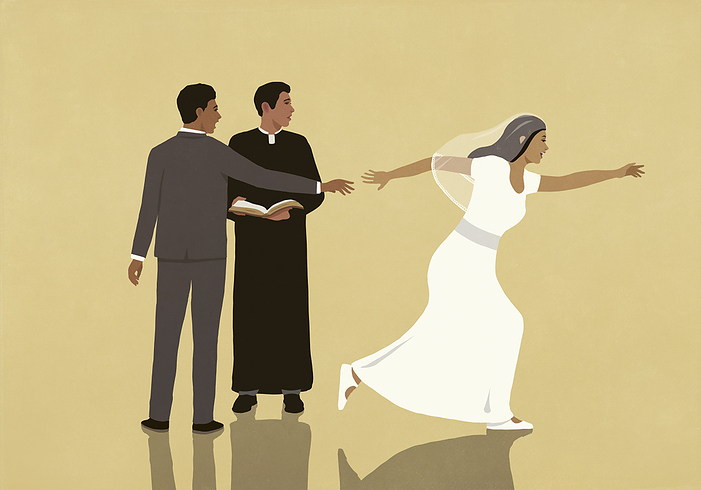 Priest and groom watching bride running away, by Malte Mueller