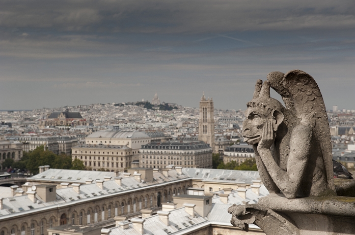 France Gargoyle of Gothic Notre Dame Cathedral and the Right Bank with Basilica of Sacre Coeur, Paris, France, Europe Please note that the scenery may have changed due to fire.