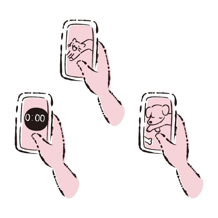 Set of illustrations (dog, cat, timer) with a cell phone in hand
