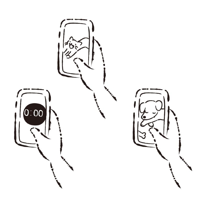Set of illustrations (dog, cat, timer) with a cell phone in hand