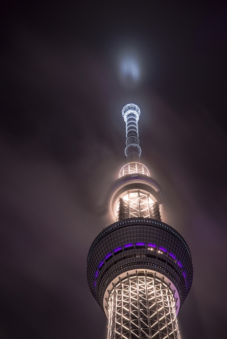 Tokyo Sky Tree at night on a day with low clouds Masashi