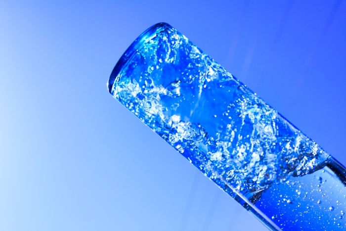 Liquid and bubbles in blueback bottle