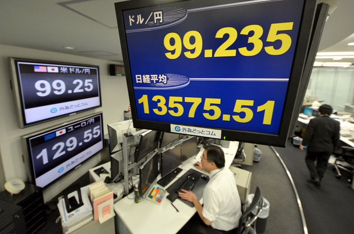 U.S. dollar stalls just before 100 yen Dollar returns to the low 99 yen per dollar April 23, 2013, Tokyo, Japan   The U.S. dollar comes to a temporary standstill shy of the 100 yen level on the Tokyo foreign exchange market on Tuesday, April 23, 2013. The greenback set back against the Japanese currency but traders anticipated it would be just a matter of time before the psychological level is broken.   Photo by Natsuki Sakai AFLO  AYF  mis 