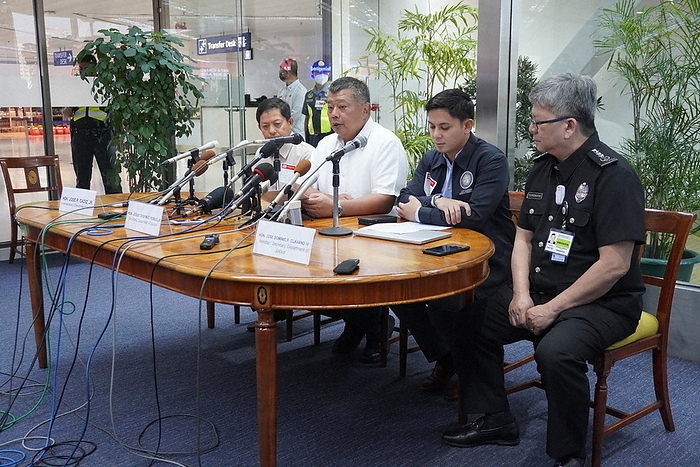 Wide area serial robbery case: Imamura and Fujita suspects extradited from the Philippines Justice Minister Lemuriya  second from left  holds a press conference at Manila International Airport on February 7, 2023.