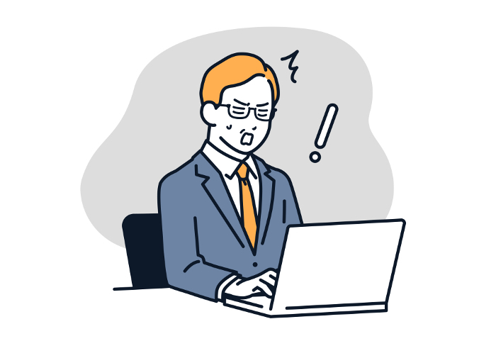 Simple vector illustration of a manager in shock in front of a PC.