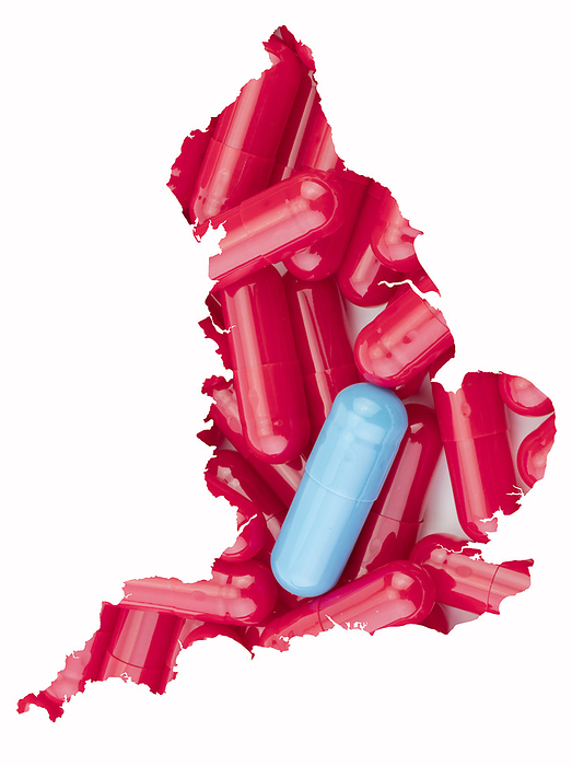 Map of the UK made of medication, conceptual image Map of the UK made of medication, conceptual image., by DIGICOMPHOTO SCIENCE PHOTO LIBRARY