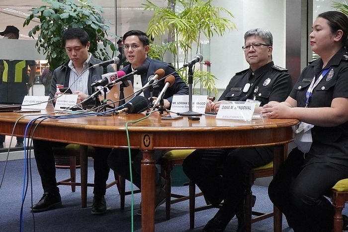 Wide Area Serial Robbery Suspects Watanabe and Kojima Transferred from the Philippines Philippine Department of Justice spokesperson Cravano  second from left  at a press conference at Manila International Airport in the Philippines on February 8, 2023  Photo by Eho Ishiyama 
