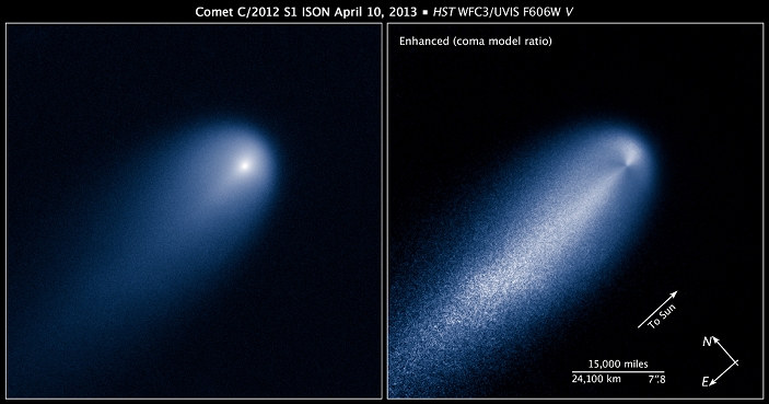 Comet ISON  April 10, 2013  This NASA Hubble Space Telescope image of Comet C 2012 S1  ISON  was photographed on April 10, when the comet was slightly closer than Jupiter s orbit at a distance of 386 million miles from the Sun  394 million miles from Earth . Even at that great distance the comet is already active as sunlight warms the surface and causes frozen volatiles to sublimate. A detailed analysis of the dust coma surrounding the solid, icy nucleus reveals a strong jet blasting dust particles off the sunward facing side of the comet s nucleus. Preliminary measurements from the Hubble images suggest that the nucleus of ISON is no larger than three or four miles across. This is remarkably small considering the high level of activity observed in the comet so far, said researchers. Astronomers are using these images to measure the activity level of this comet and constrain the size of the nucleus, in order to predict the comet s activity when it skims 700,000 miles above the Sun s roiling surface on November 28    Picture by Lightroom Photos NASA