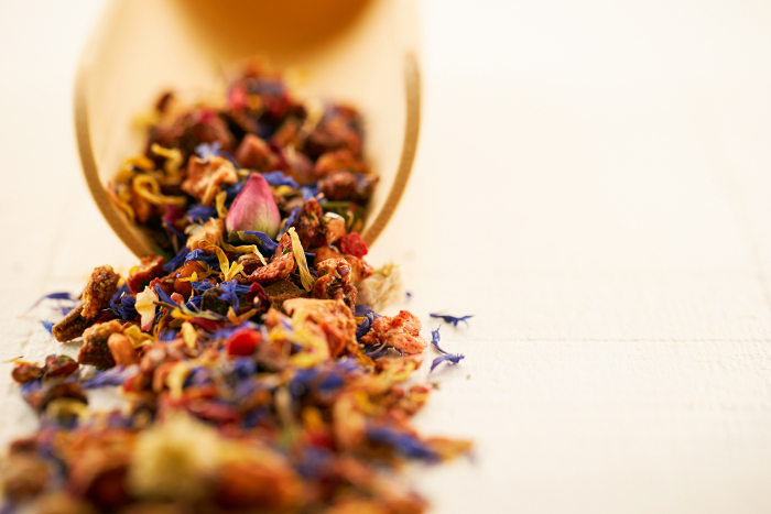 Fruit herbal tea with freeze-dried fruits and petals