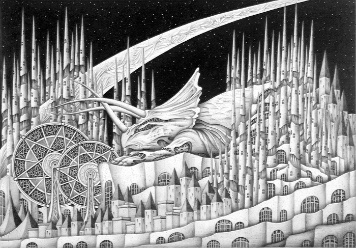 Fantasy on a stone slab - Amusement park where Triceratops sleeps, cracking process and pencil drawing