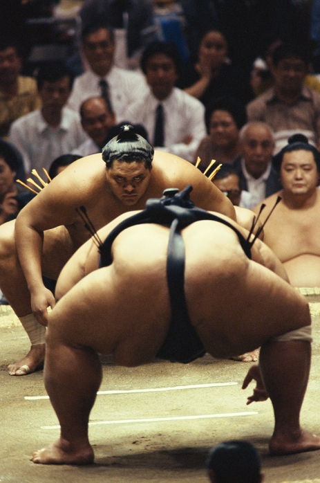 Akebono, Akebono
1990s - Sumo : Akebono stares at his opponent Konishiki (front) before the match during the Grand Sumo Championship in Japan.
  (Photo by Jun Tsukida/AFLO SPORT) [4061].