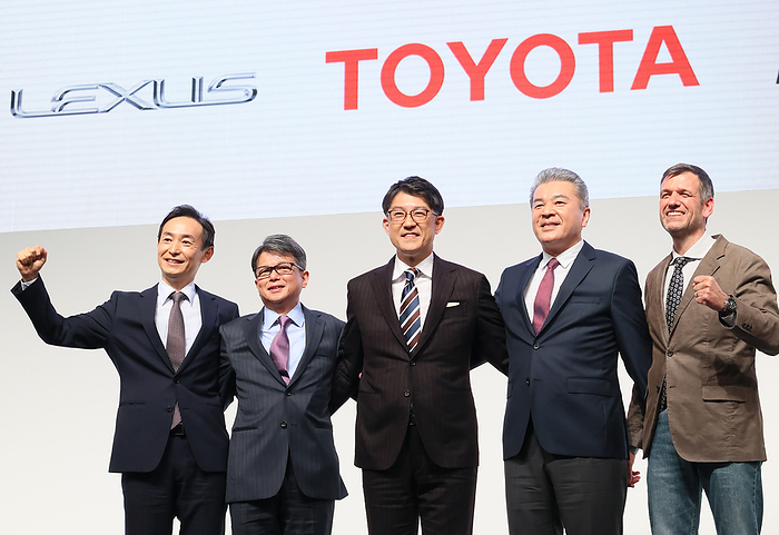 Toyota Motor s new president Koji Sato speaks at a press conference February 13, 2023, Tokyo, Japan   Newly appointed executives of Japanese automobile giant Toyota Motor  L R  Kazuki Shingo of chief product officer, Yoichi Miyazaki of executive vice president, Koji Sato of president, hiroki Nakajima of executive vice president and Simon Humphries of chief brand officer pose for photo after a press conference in Tokyo on Monday, February 13, 2023. Sato is appointed to the new president, effective on April 1, while current president Akio Toyoda will become chairman of the board.   Photo by Yoshio Tsunoda AFLO 