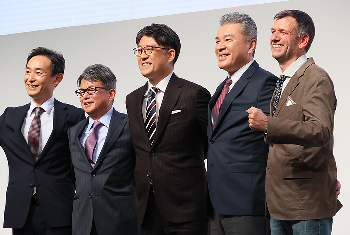 Toyota Motor s new president Koji Sato speaks at a press conference February 13, 2023, Tokyo, Japan   Newly appointed executives of Japanese automobile giant Toyota Motor  L R  Kazuki Shingo of chief product officer, Yoichi Miyazaki of executive vice president, Koji Sato of president, hiroki Nakajima of executive vice president and Simon Humphries of chief brand officer pose for photo after a press conference in Tokyo on Monday, February 13, 2023. Sato is appointed to the new president, effective on April 1, while current president Akio Toyoda will become chairman of the board.   Photo by Yoshio Tsunoda AFLO 