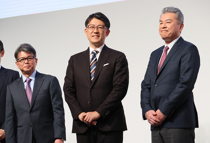 Toyota Motor s new president Koji Sato speaks at a press conference February 13, 2023, Tokyo, Japan   Newly appointed executives of Japanese automobile giant Toyota Motor  L R  Yoichi Miyazaki of executive vice president, Koji Sato of president and Hiroki Nakajima of executive vice president smile after a press conference in Tokyo on Monday, February 13, 2023. Sato is appointed to the new president, effective on April 1, while current president Akio Toyoda will become chairman of the board.   Photo by Yoshio Tsunoda AFLO 