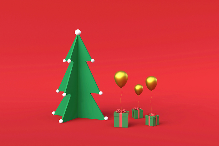Christmas tree, Gifts and balloons. 3d rendering copy space