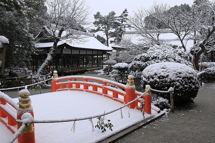 Kamigamo Shrine Snow covered Tamahashi Bridge and Hashiden  Bridge Hall  Kyoto Pref. World Cultural Heritage  Cultural Properties of Ancient Kyoto