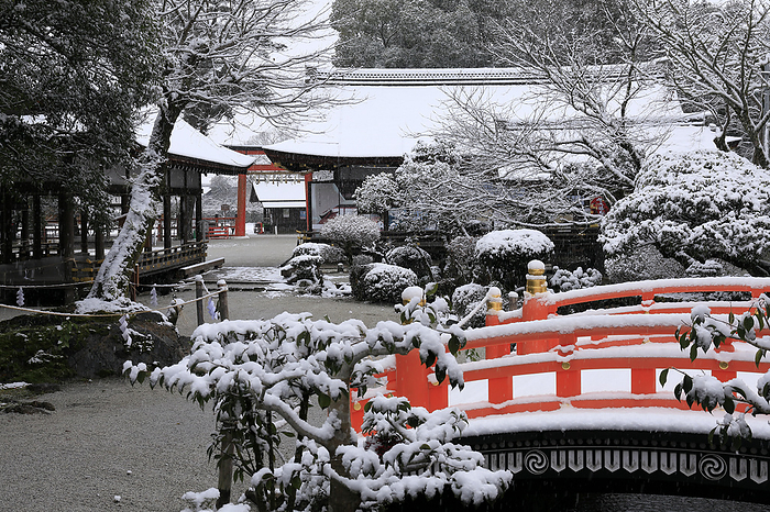 Snow covered Tamahashi Bridge and precincts of Kamigamo Shrine Kyoto Pref. World Cultural Heritage  Cultural Properties of Ancient Kyoto