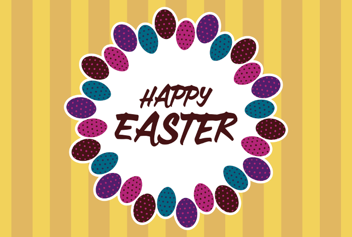 Easter greeting card material with a patterned egg frame and the words HAPPY EASTER