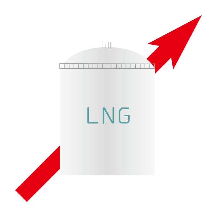Vector illustration of an LNG storage tank and an arrow pointing right.