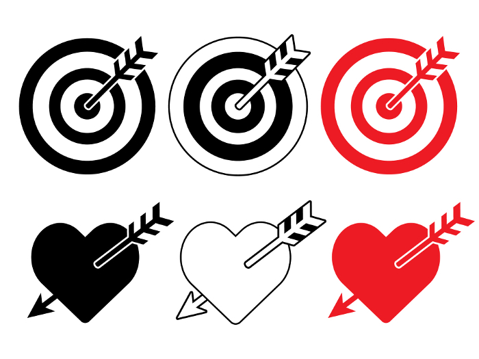 Set of 6 icons of hazy targets and arrows stuck in hearts