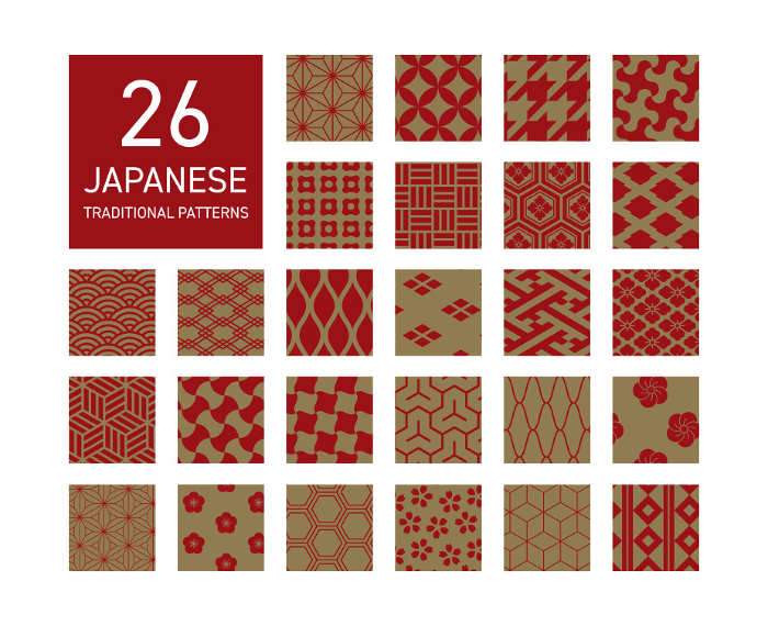 Red and gold Japanese pattern set