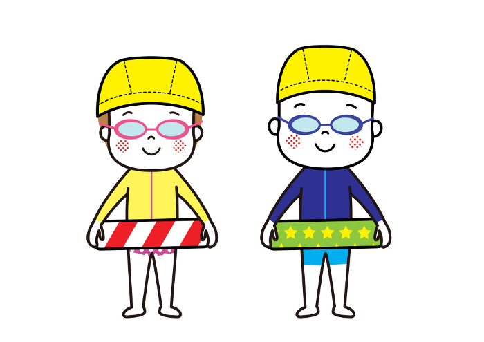 Children in swimsuits, rash guards, swimming caps, goggles, and floats