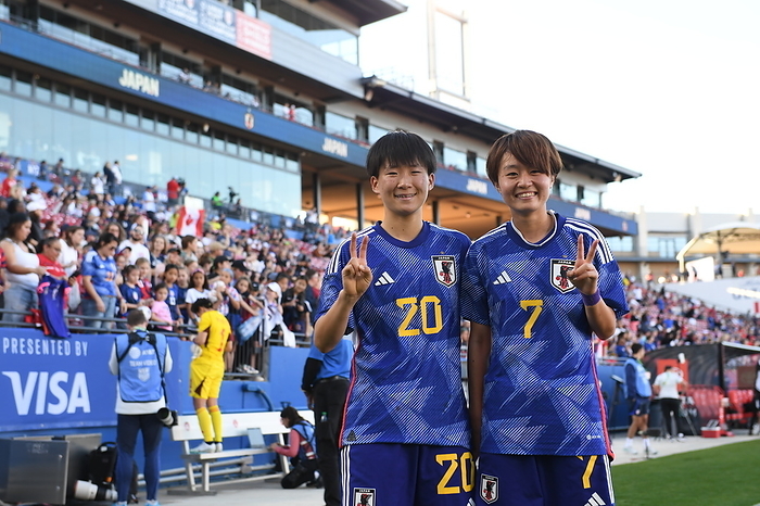 2023 SheBelieves Cup Japan s Aoba Fujino  L  and Hinata Miyazawa pose after winning the 2023 SheBelieves Cup soccer match between Canada 0 3 Japan at Toyota Stadium in Frisco, Texas, United States, February 22, 2023.  Photo by JFA AFLO 