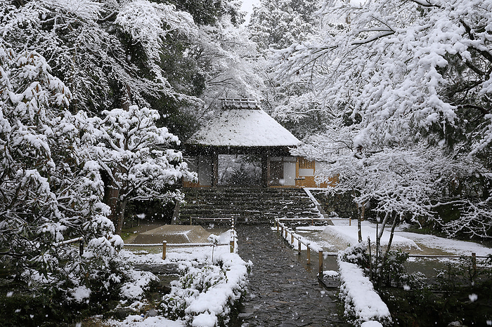 Honen-in Temple, approach and gate covered with snow, Kyoto Pref.