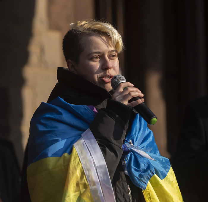 One year since the Russian invasion of Ukraine Rallies in various countries February 26, 2023, Copley Square, Boston, Massachusetts, USA : Sashko Horokh, Ukrainian and LGBTQ activist speaks during a rally to mark 365 Days Of Defending Freedom at Copley Square in Boston.  Russia invaded Ukraine on February 24, 2022.  The pro Ukraine protesters demand for the end of the war.   Photo by Keiko Hiromi AFLO   