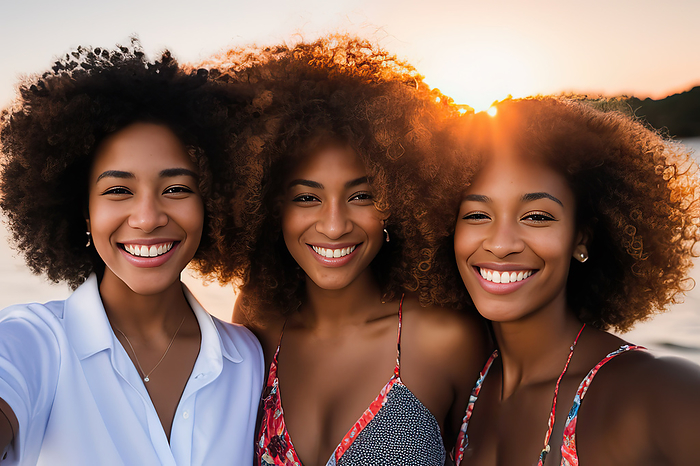 Pretty girls with afro hair looking at camera with sunset background