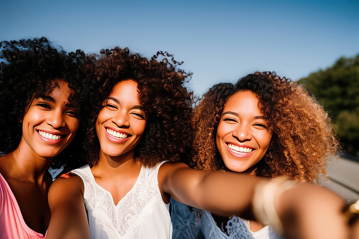 Female friends with afro hair take selfie at sunset
