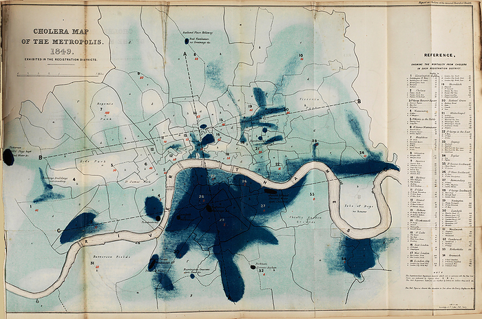 London cholera map, 1849 Map London, UK, showing deaths  dark blue  due to cholera during the epidemic of 1849. Cholera, a bacterial infection of the intestines, was often fatal before modern treatments were developed. It spread in infected water supplies and killed millions in the 19th century. The bacterium causing the disease  Vibrio cholerae  was not identified until 1883., by WELLCOME IMAGES SCIENCE PHOTO LIBRARY